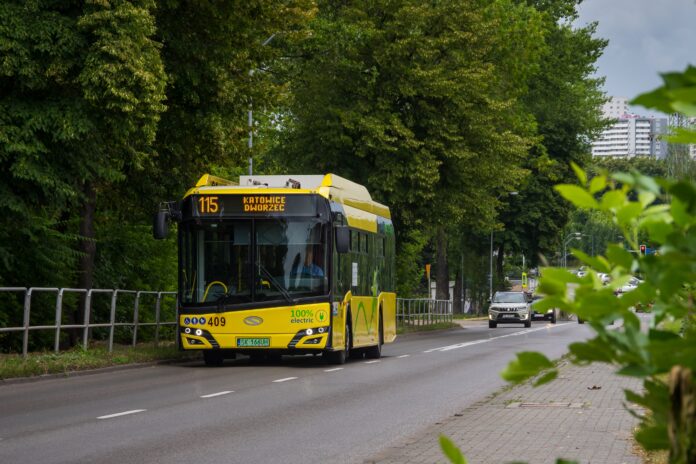 PKM Katowice ogłasza przetarg na dostawę 30 autobusów autobus linii 115, w tle drzewa