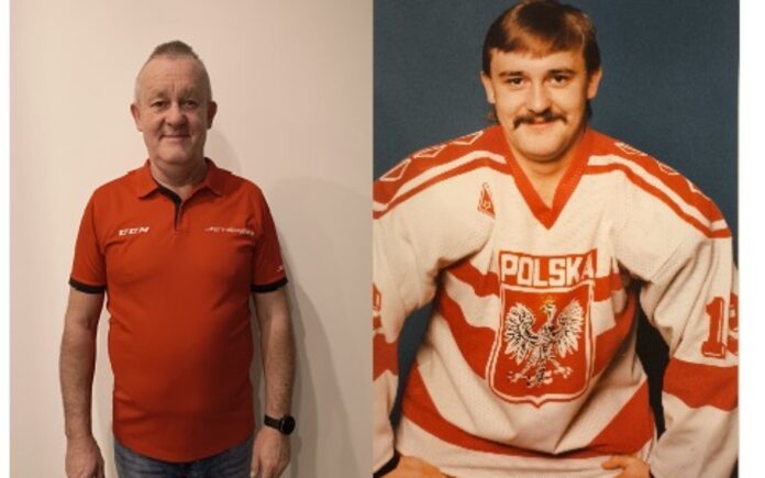 piotr zdunek po lewej uśmiechnięty Zdunek w czerwonej koszuli obecnie, a po prawej jego zdjęcie w stroju reprezentanta Polski