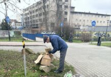 Budka się rozsypała, idea została. Książkowa wymiana przy osiedlu “Gwiazdy” trwa Pan pakujący książki do do kartonu