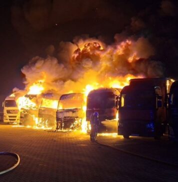 Potężny pożar ciężarówek. Strażacy walczyli z ogniem do rana